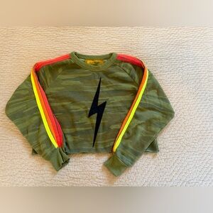 Aviator Nation Green Camo Sweatshirt with Lightning Bolt, Size Snall